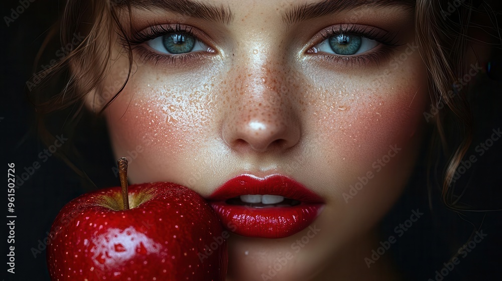 striking closeup portrait of woman with vibrant red lips holding a crisp red apple embodying temptation and allure striking closeup portrait of woman with vibrant red lips holding a crisp red apple embodying temptation and allure