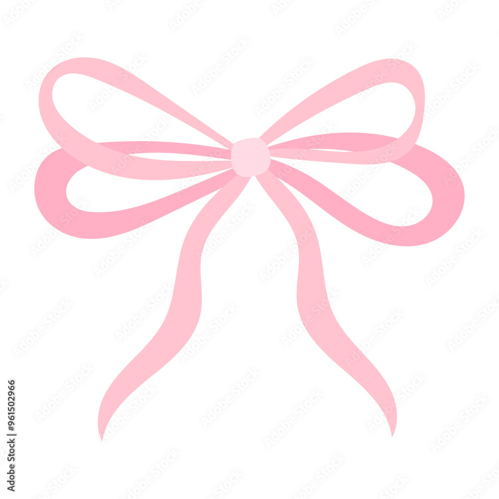 A pink ribbon with a bow is drawn on a white background. The ribbon is long and has a pink color A pink ribbon with a bow is drawn on a white background. The ribbon is long and has a pink color