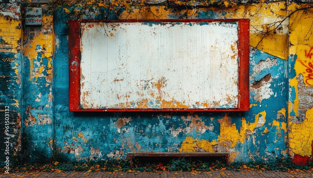 Naklejka premium A Rusted Red Framed Billboard on a Cracked and Peeling Wall with a Wooden Bench in Front