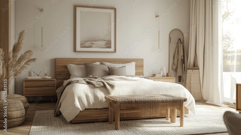 Cozy bedroom interior in Scandinavian style, featuring minimalist decor, light wood furniture, and soft neutral tones.