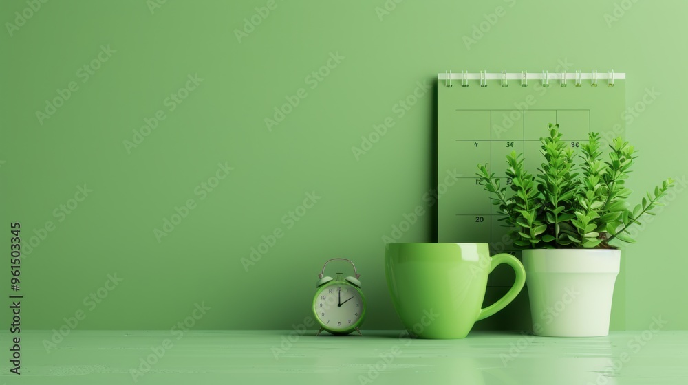 Green coffee cup, calendar and alarm clock on green wall. Relaxing background.