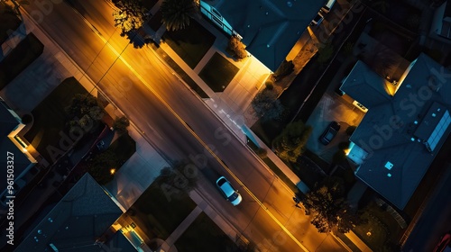 Aerial Night View of a Suburban Street