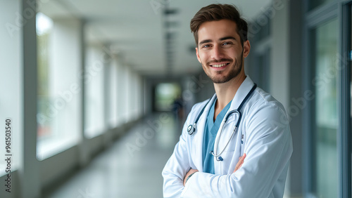 Smiling young male doctor in hospital hallway medical science biology