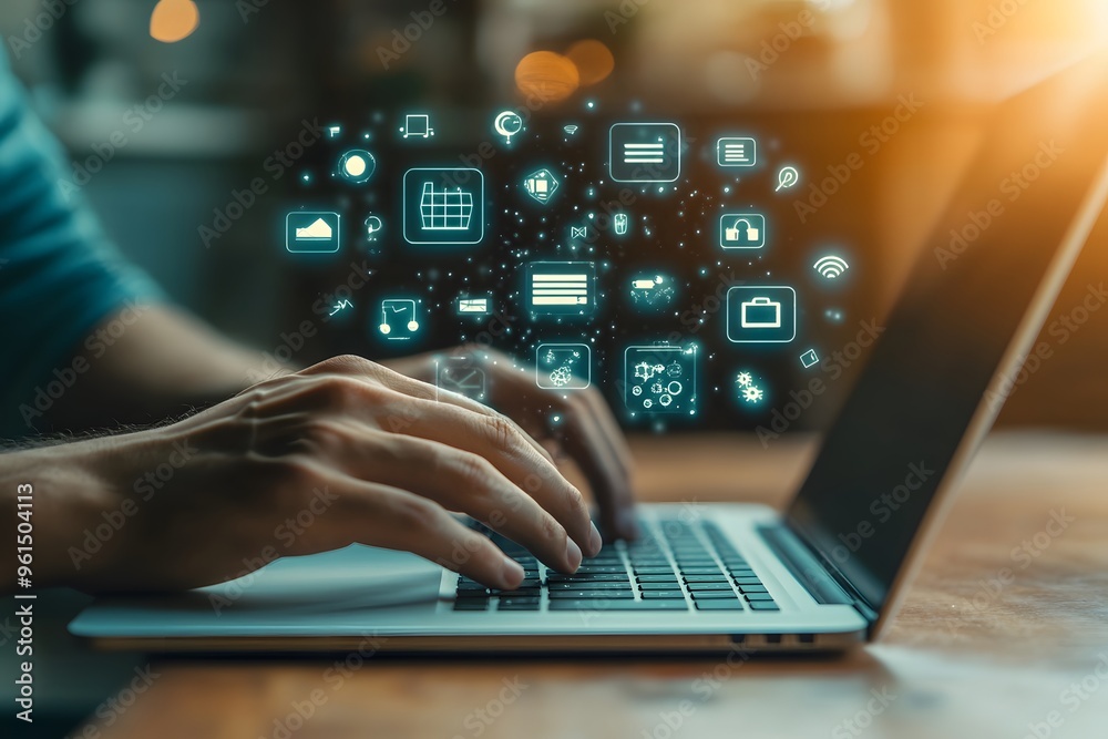 Person Typing on Laptop with Holographic Icons Surrounding the Keyboard Person Typing on Laptop with Holographic Icons Surrounding the Keyboard
