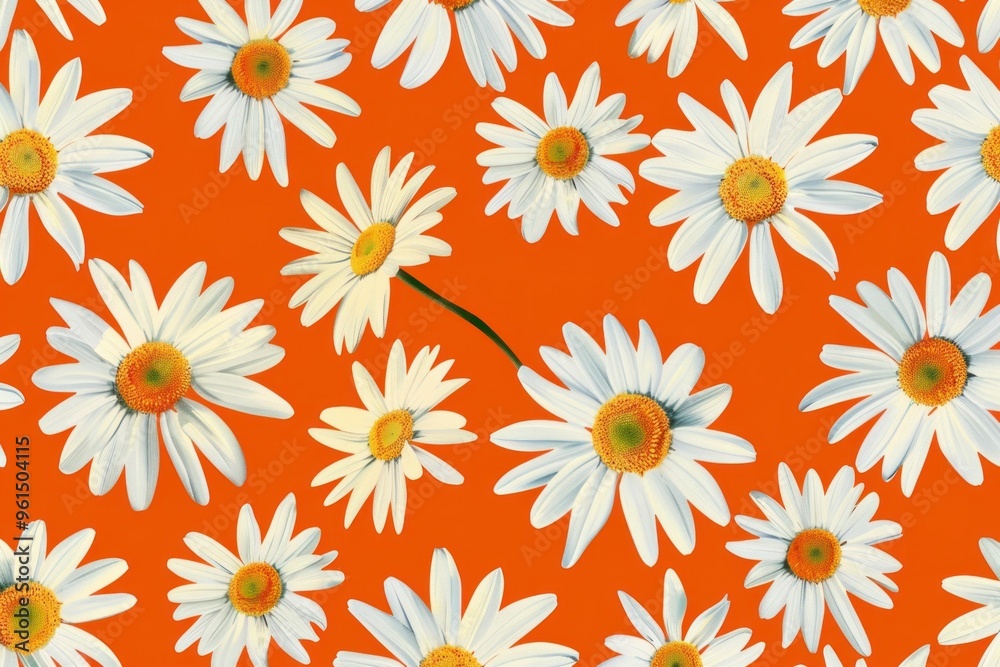 Fototapeta premium Bright orange background adorned with white daisies, creating a vibrant and cheerful floral pattern Ideal for spring and summer themes
