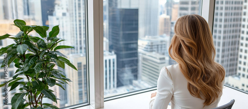 A woman gazes out over a city skyline, reflecting on her dreams while sitting by a green plant in a modern office space.