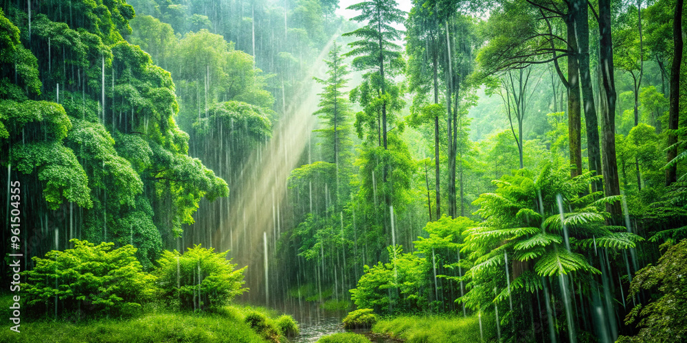 Fototapeta premium Gentle rain falling on a lush green forest, peaceful weather, nature's tranquility