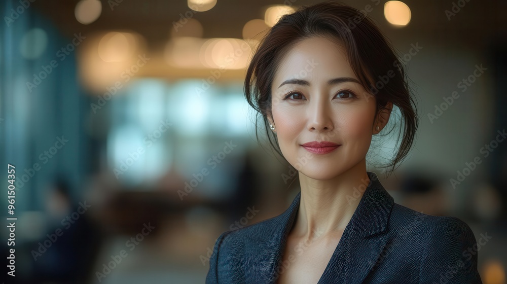 confident asian businesswoman in her 50s standing tall in a sleek suit office backdrop with soft lighting emphasizing her professional demeanor and experienced aura confident asian businesswoman in her 50s standing tall in a sleek suit office backdrop with soft lighting emphasizing her professional demeanor and experienced aura