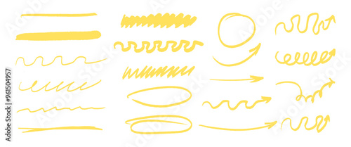 A set of yellow lines and arrows. The lines are wavy and the arrows are pointing in different directions