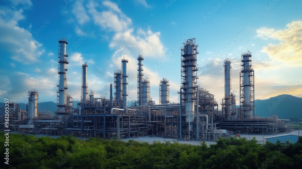 Refinery plant with green surroundings at sunset. Oil refinery with smoke rising from towers, set against a colorful sunset, with green fields in the foreground, blending industry with nature. Refinery plant with green surroundings at sunset. Oil refinery with smoke rising from towers, set against a colorful sunset, with green fields in the foreground, blending industry with nature.