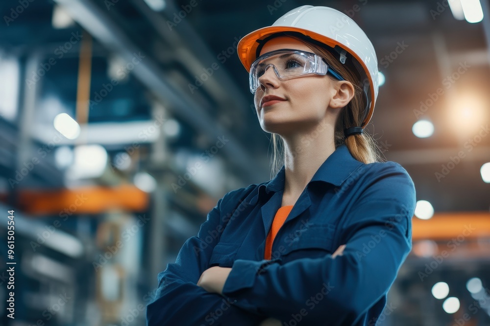 Confident female engineer wearing a hard hat and safety glasses, standing in an industrial setting with focused expression. Confident female engineer wearing a hard hat and safety glasses, standing in an industrial setting with focused expression.