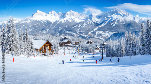 Snowy Mountain Ski Resort with People Skiing Downhill