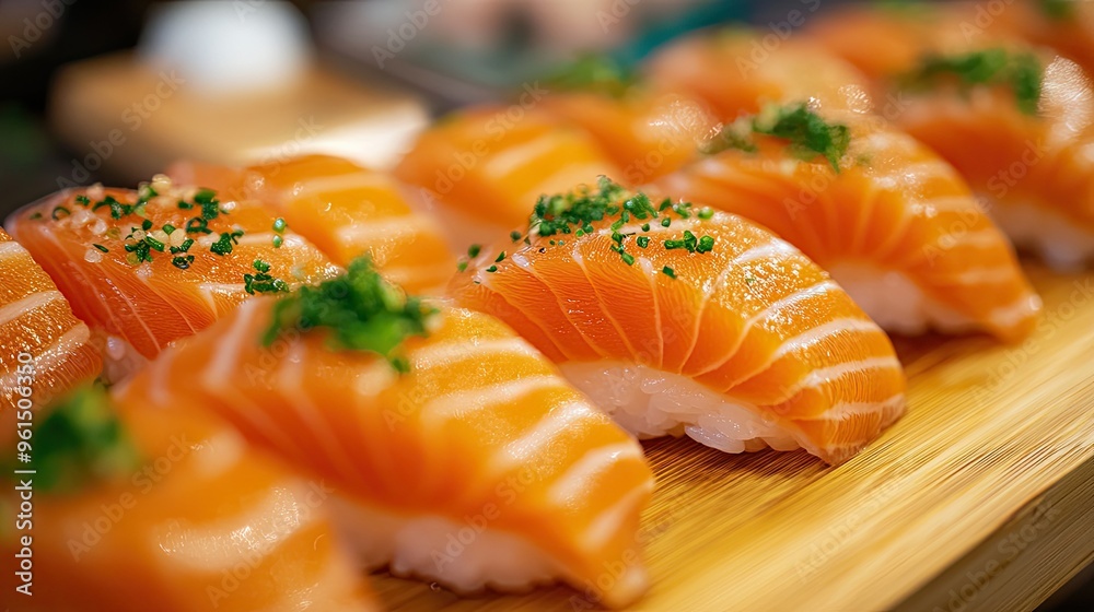 Detailed close-up of raw salmon fillet steak and sashimi, carefully placed on a wooden board.