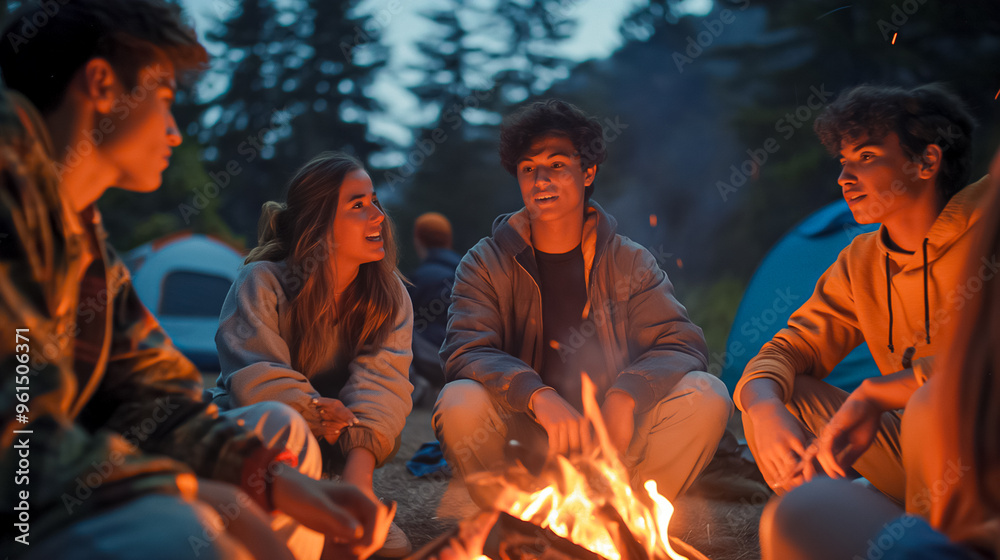 Fototapeta premium A group of friends shares laughter and stories while sitting around a bright campfire in the woods. Tents are pitched nearby, creating a cozy campsite atmosphere