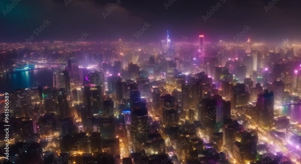 Aerial view of a city’s skyline with colorful lights at night.
Aerial view of a city’s skyline with colorful lights at night.