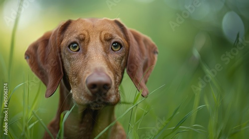  A tight shot of a dog's face with grass in the foreground and a blurred backdrop of its visage