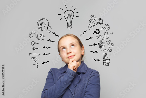 Thinking child girl on white background with light bulb and question marks. Brainstorming and idea concept