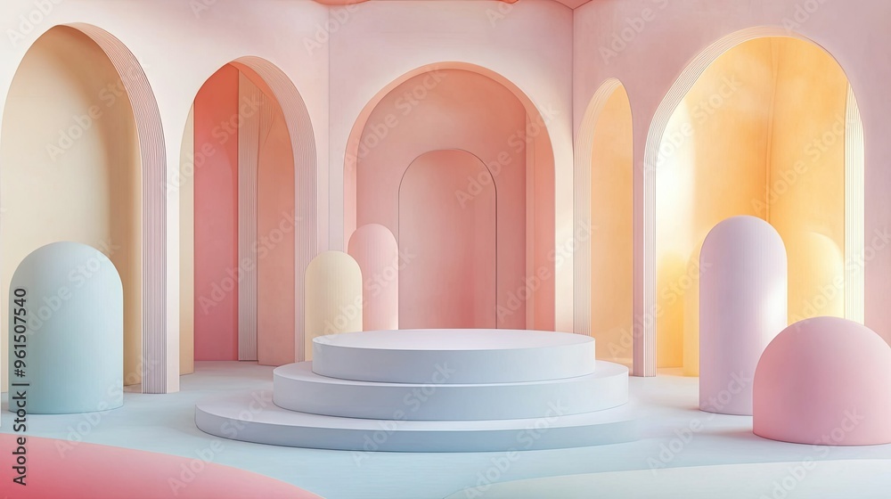 Dreamlike pastel scene featuring arches and a podium for product display, surrounded by abstract forms. Dreamlike pastel scene featuring arches and a podium for product display, surrounded by abstract forms.