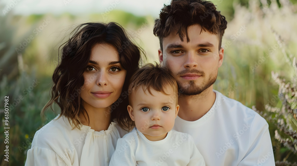 Happy Young Family Sitting Meadow Happy Young Family Sitting Meadow