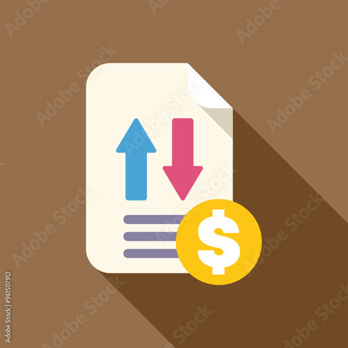 Conceptual illustration of a document showing market volatility with up and down arrows, and a dollar symbol for currency