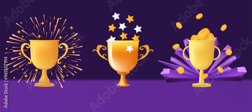 Trophy cup 3d. Chalice with coins and confetti. Gold award, victory in the competition, first place. Gold prize, success of the winner, gift to the champion. Leader in the game. Vector set.