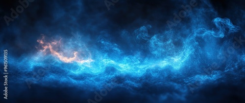 Abstract background of blue and orange smoke on a dark background.