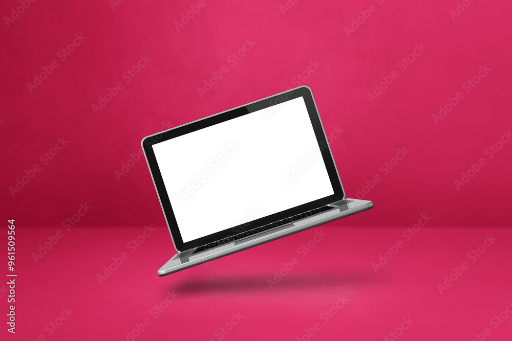 Floating computer laptop isolated on pink. Horizontal background Floating computer laptop isolated on pink. Horizontal background