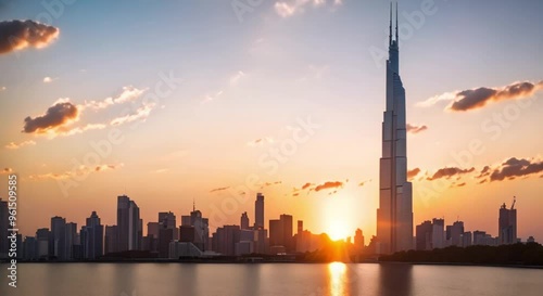 Timelapse of the sun setting behind a city’s tallest building.
