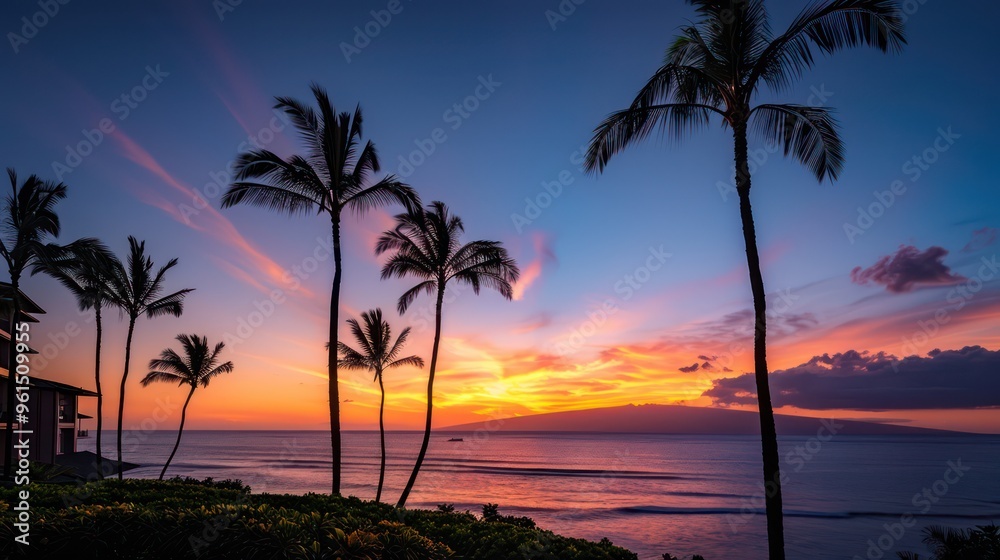 Obraz premium A serene sunset over the ocean with palm trees silhouetted against a colorful sky.