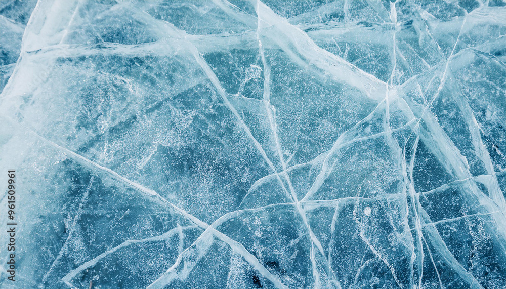 Abstract natural ice texture. Freezy ice surface. Blue backdrop with cracks and scratches on frozen water. Banner. for text; background vintage toning