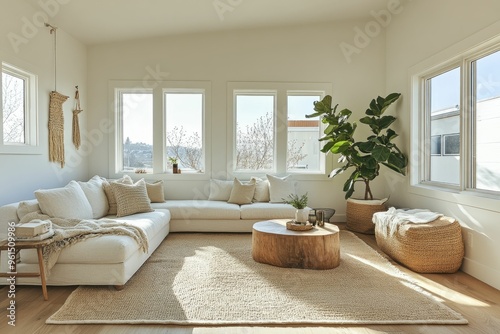 A bright, modern living room with natural light and cozy furnishings.