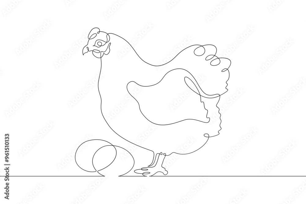 Continuous one line drawing laying hen. Portrait of a hen next to eggs.Chicken. Animals on the farm. One continuous line isolated minimal illustration. Continuous one line drawing laying hen. Portrait of a hen next to eggs.Chicken. Animals on the farm. One continuous line isolated minimal illustration.