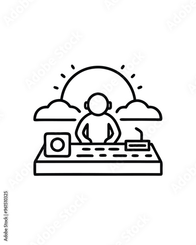 Editable stroke vector of a DJ performing under a sun with clouds.