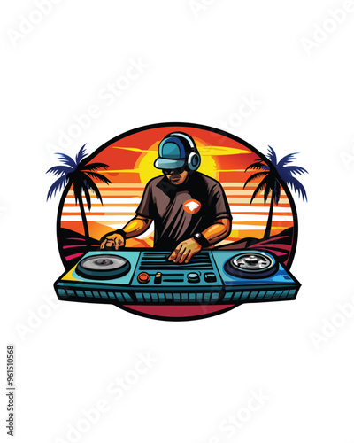 Editable stroke vector illustration of a DJ performing at a sunset with palm trees.