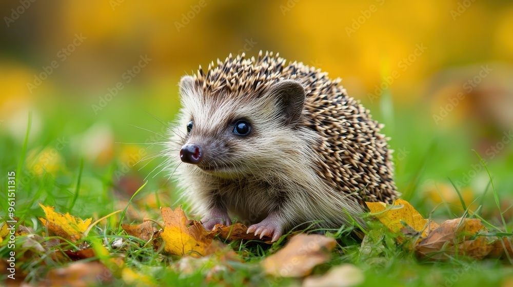 Curious Hedgehog Exploring Garden: Close-Up of Spiky Back and Tiny Paws Amidst Soft Grass and Leaves