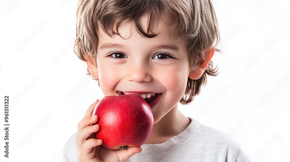 A young child with a playful smile holding a bright red apple against a white background, depicting a healthy snack choice and youthful innocence. A young child with a playful smile holding a bright red apple against a white background, depicting a healthy snack choice and youthful innocence.