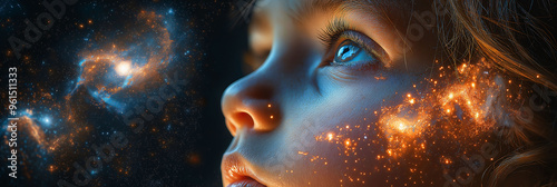 The child's face, full of wonder, overlaid with a galaxy of stars, nebulae and swirling cosmic clouds, evokes a sense of possibility and dreams. Image generated by AI