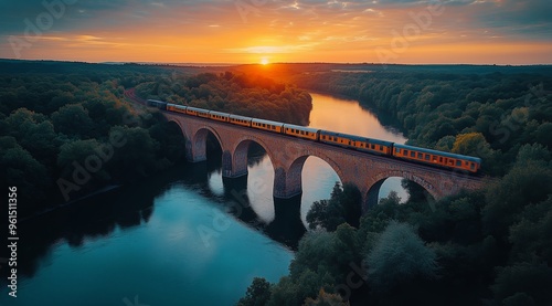 Drone Photo of Ancient Bridge with Train Moving Across River at Sunset - Wide-Angle