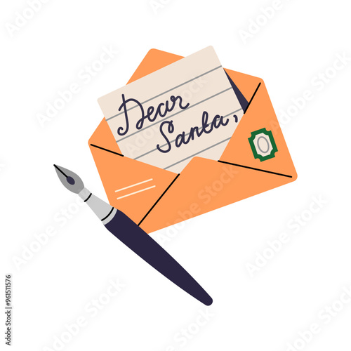 Letter to Santa Claus with fountain pen. Open envelope with paper wish list for winter holiday. Kids' message about Christmas gifts, presents. Flat isolated vector illustration on white background
