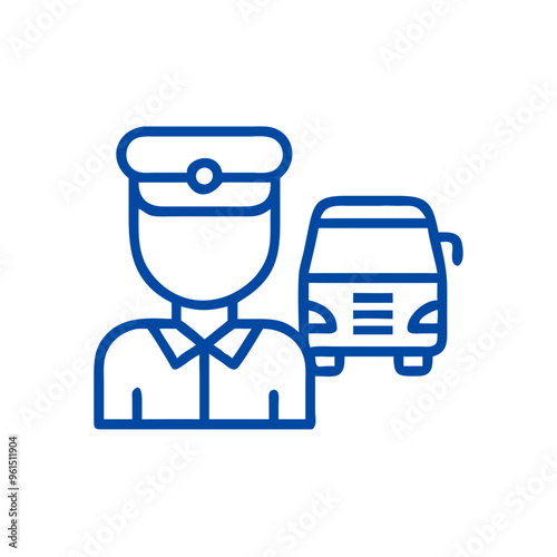 Bus driver icon in blue line art for transportation and public services