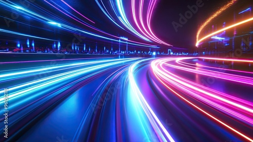 Fast-moving neon lights in a 3D abstract background, creating a sense of speed and technological advancement, perfect for a high-tech and futuristic theme.