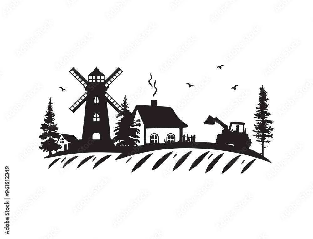 Obraz premium house with windmill vector silhouette. farm with fields vector silhouette