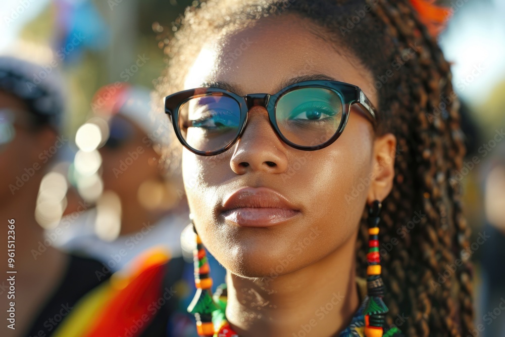 Portrait of a Confident Young Woman Wearing Glasses at an Outdoor Cultural Festival
