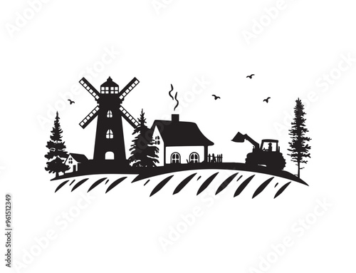 house with windmill vector silhouette. farm with fields vector silhouette