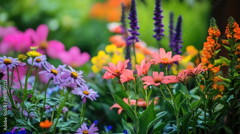 Blooming garden with a variety of flowers, capturing the richness and beauty of nature. Blooming garden with a variety of flowers, capturing the richness and beauty of nature.