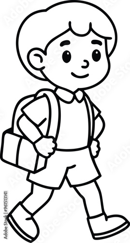 Single Line Art of Boy Going to School with Bag and Book