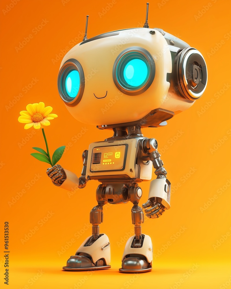 Cute robot holding a yellow flower on orange background.