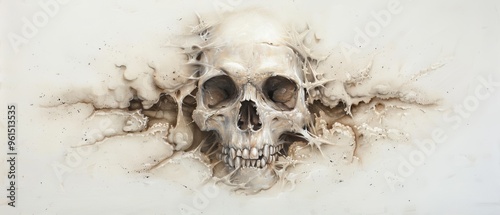  A painting of a human skull emitting copious amounts of smoke from its cranial cavity