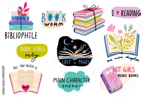 Vector set about books and reading. Book lover stickers. Cute hand drawn flat elements. Collection of inspirational illustrations with handwritten text. Quotes about literature