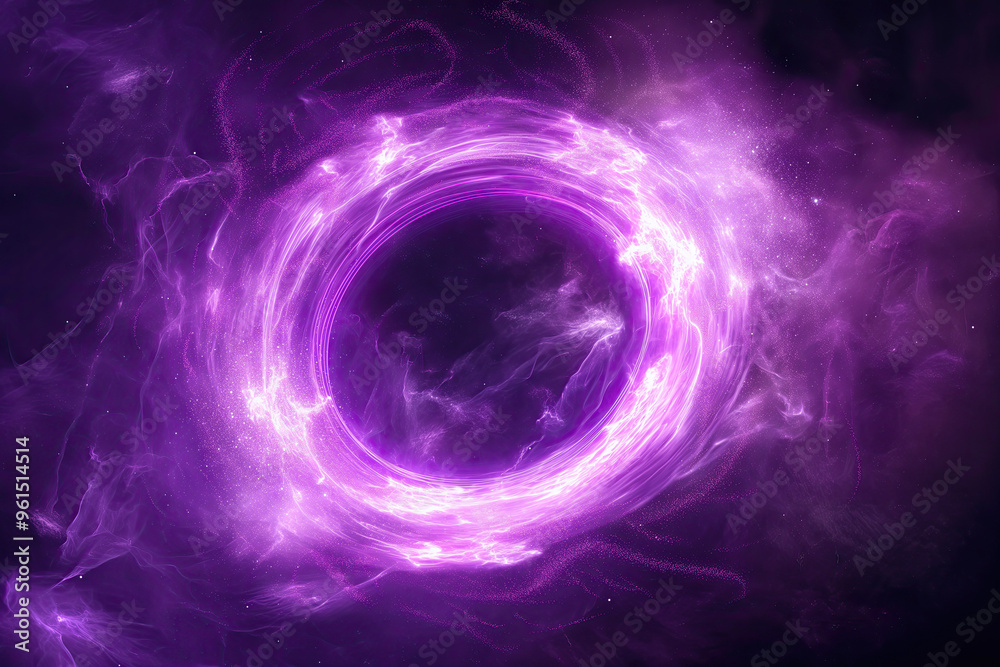 A purple energy vortex swirling in space with electric currents and vibrant glowing particles